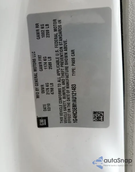 2010 Buick Lucerne Cxl из США, поврежденный, VIN 1G4HC5EM1AU121483